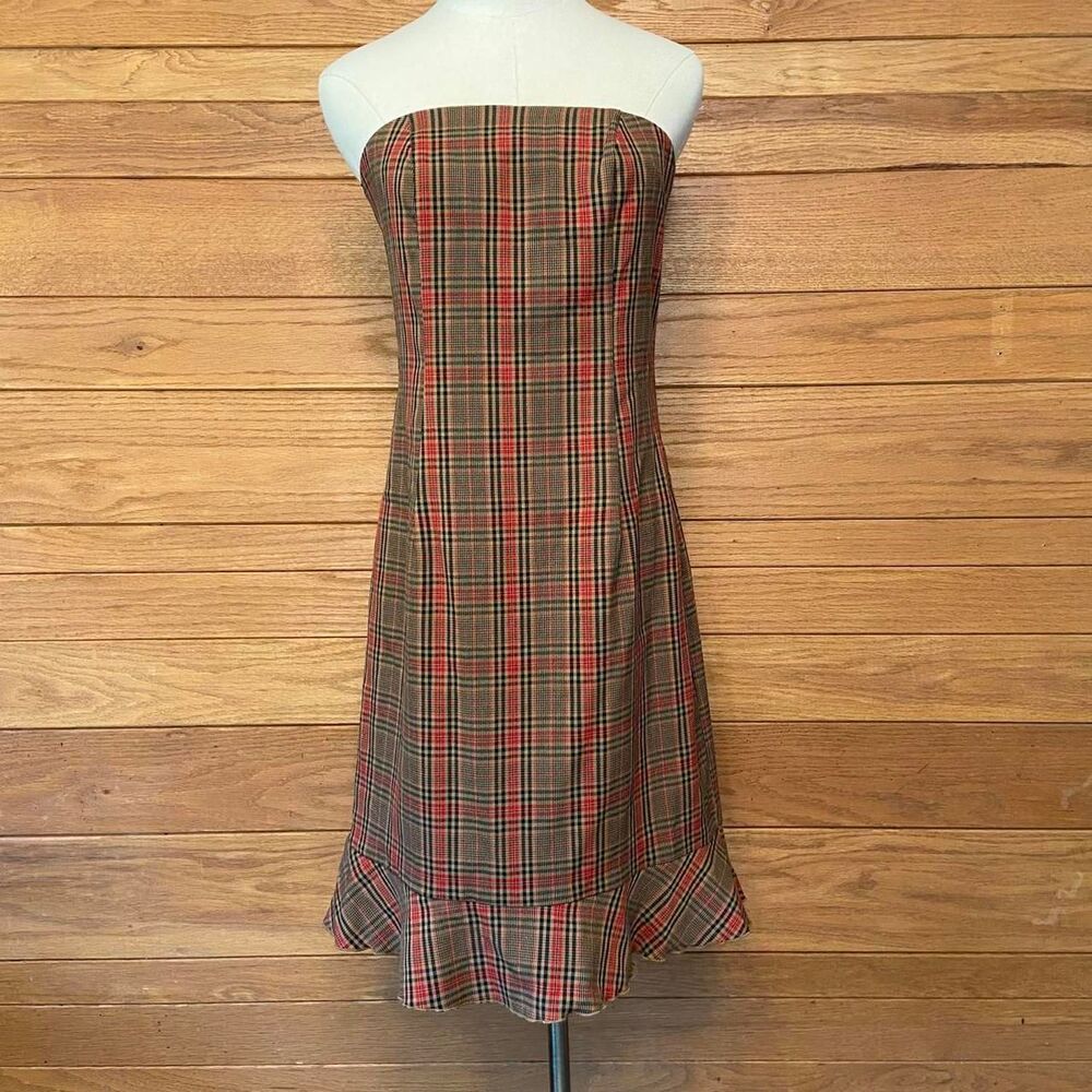 Y2K plaid red and black and tan strapless lettuce trim dress
